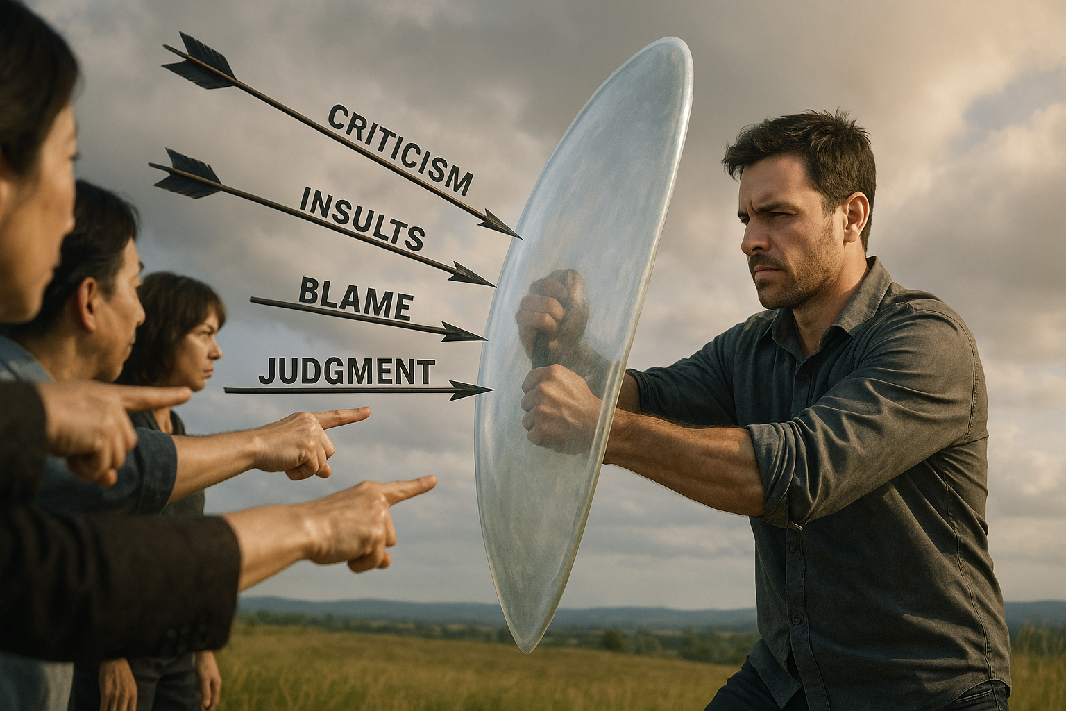 Person holding shield deflecting criticism arrows